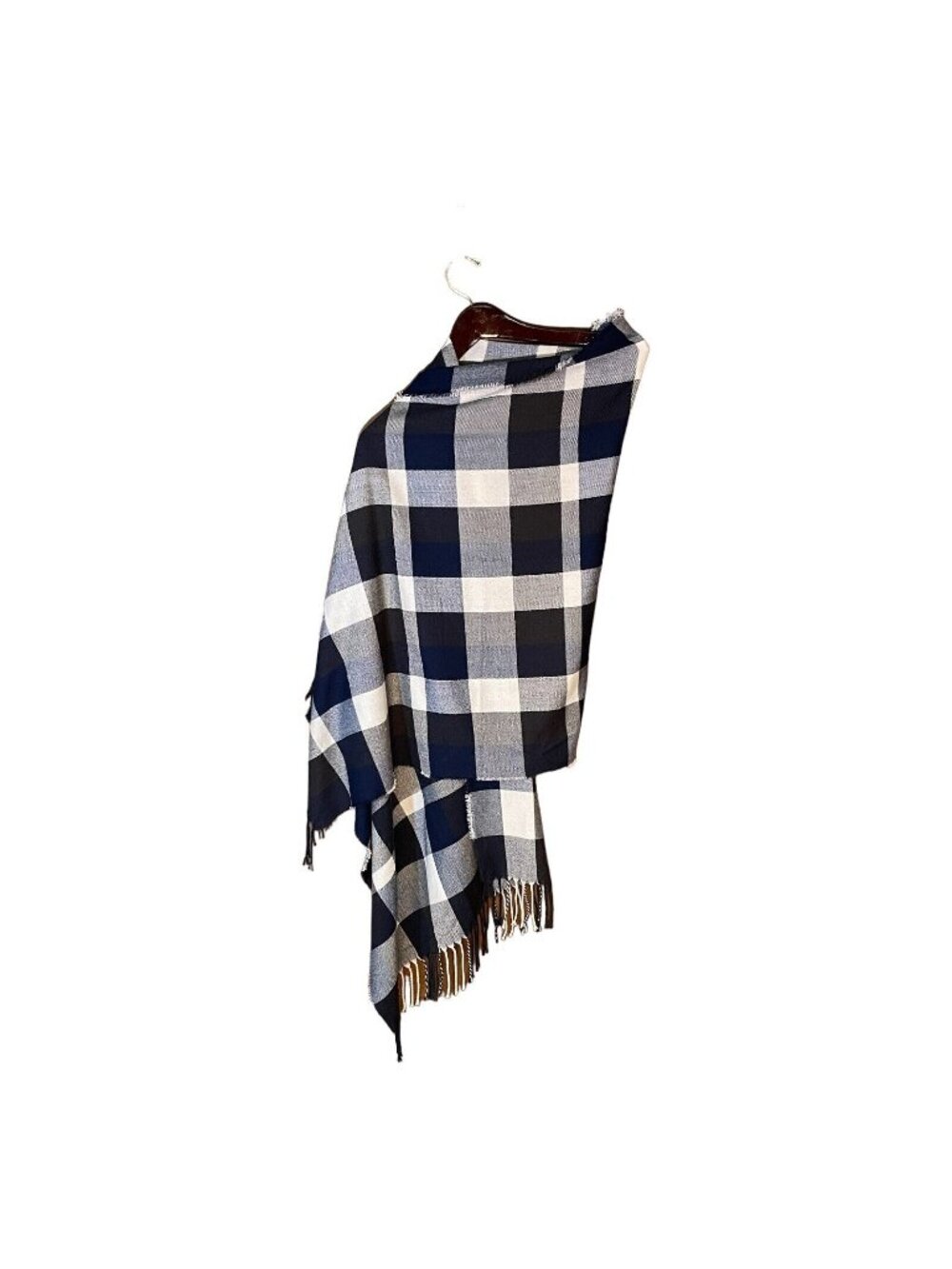 Blue & White Plaid Fringed Scarf By Plush Apparel